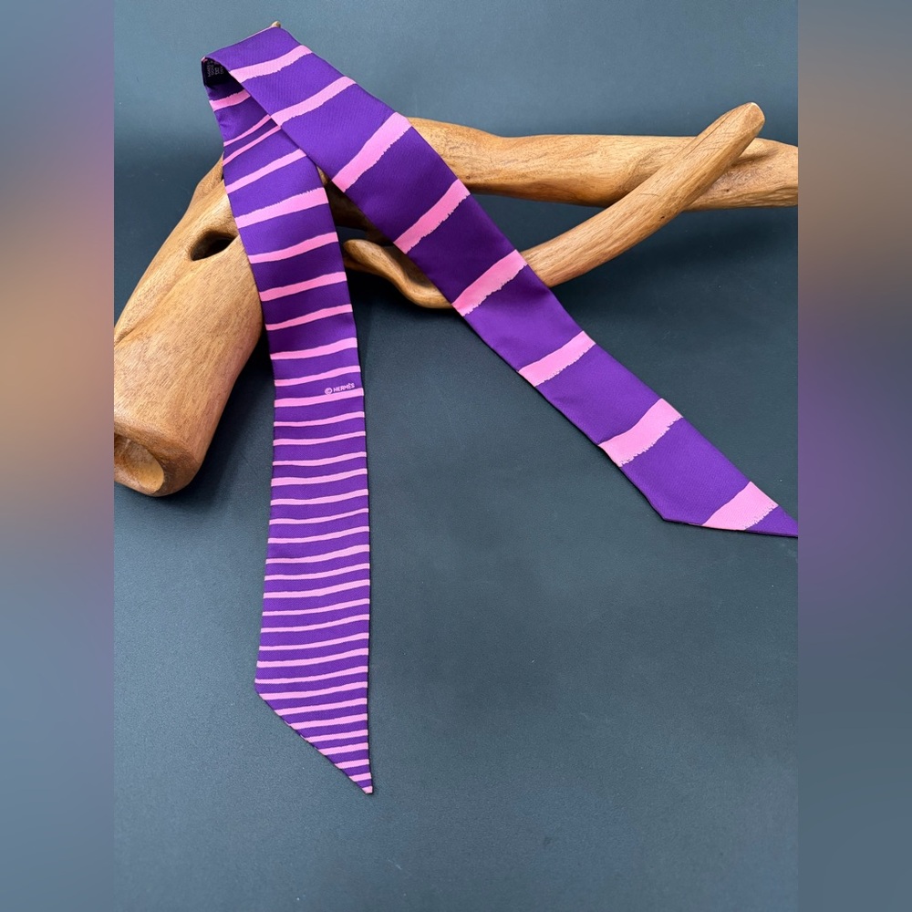 Hermès Twilly Silk Scarf Purple Pink Stripes Authentic
